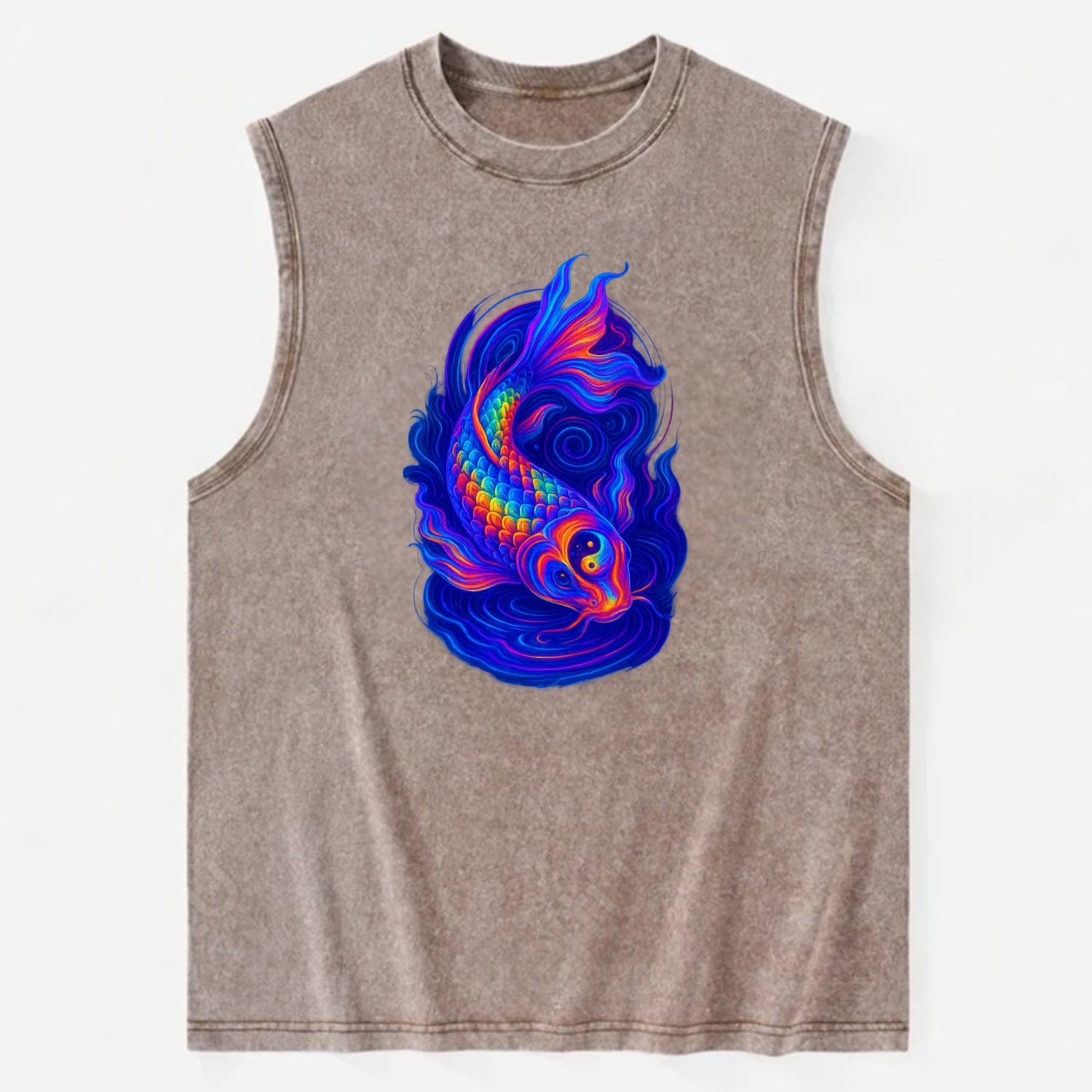 Sacred koi with scales reflecting rainbow prisms, yin-yang patterns in cosmic - Vintage Washed Tank - Brown