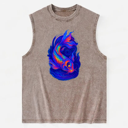 Sacred koi with scales reflecting rainbow prisms, yin-yang patterns in cosmic - Vintage Washed Tank - Brown