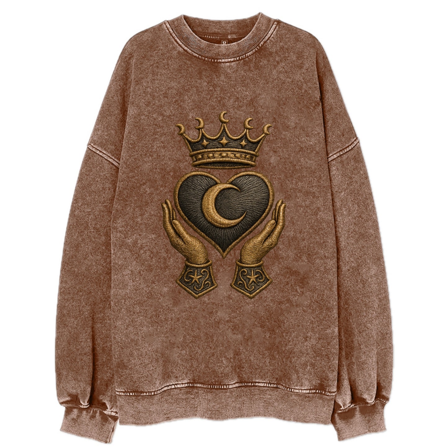Moonlit crescent crown cradling a hematite heart with stargazer hands cupped - Vintage Sweatshirt - Brown