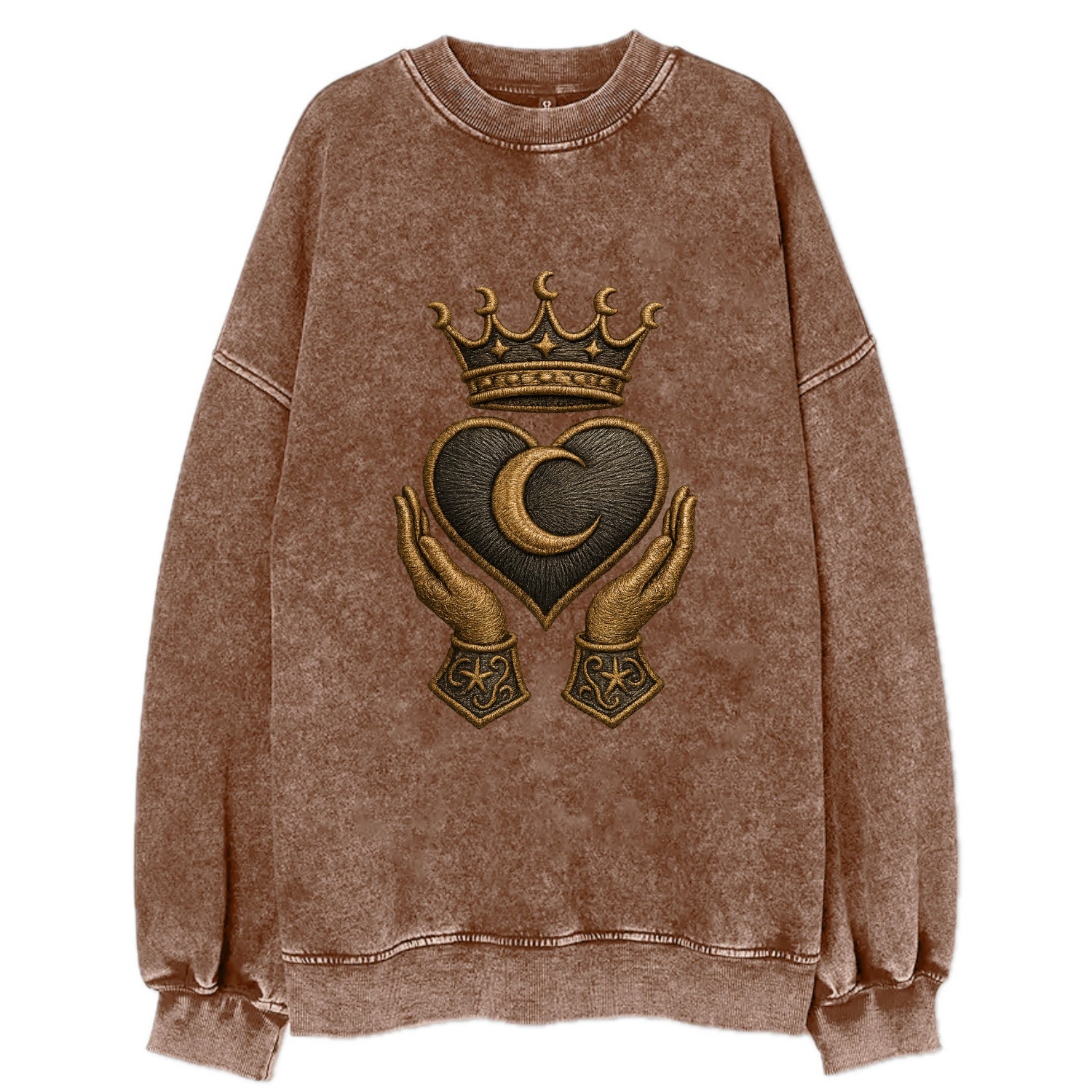 Moonlit crescent crown cradling a hematite heart with stargazer hands cupped - Vintage Sweatshirt - Brown