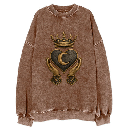 Moonlit crescent crown cradling a hematite heart with stargazer hands cupped - Vintage Sweatshirt - Brown