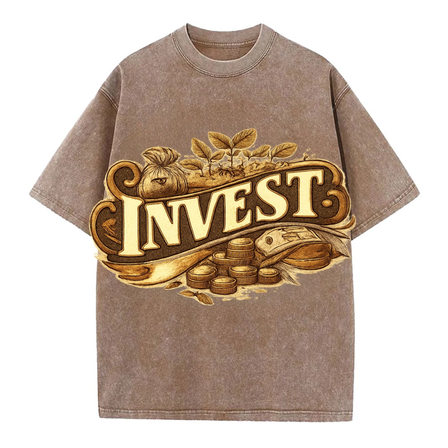 Bold typography design - "INVEST" - growing money, smart decisions - Vintage T-shirt - Brown