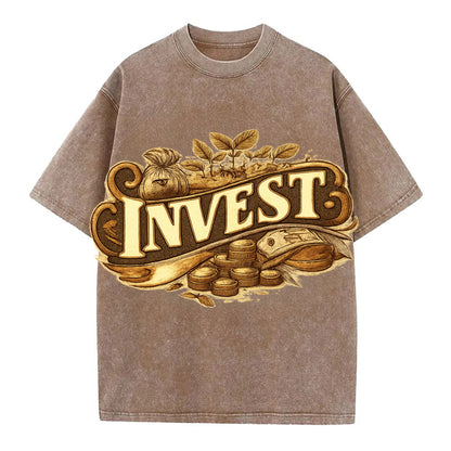 Bold typography design - "INVEST" - growing money, smart decisions - Vintage T-shirt - Brown