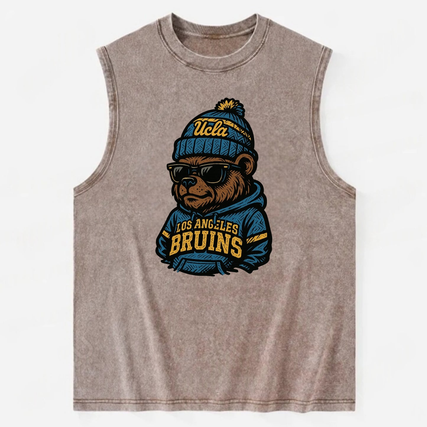 Los Angeles Bruin wearing UCLA beanie with script patch - Vintage Washed Tank - Brown