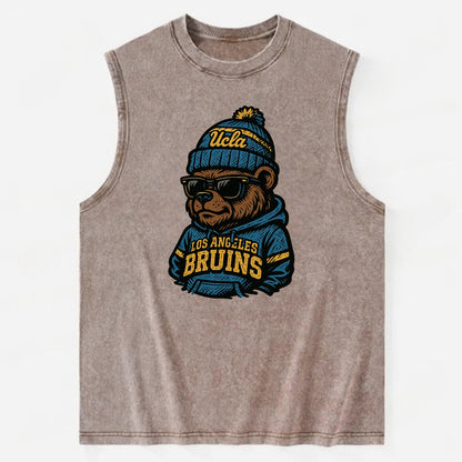 Los Angeles Bruin wearing UCLA beanie with script patch - Vintage Washed Tank - Brown