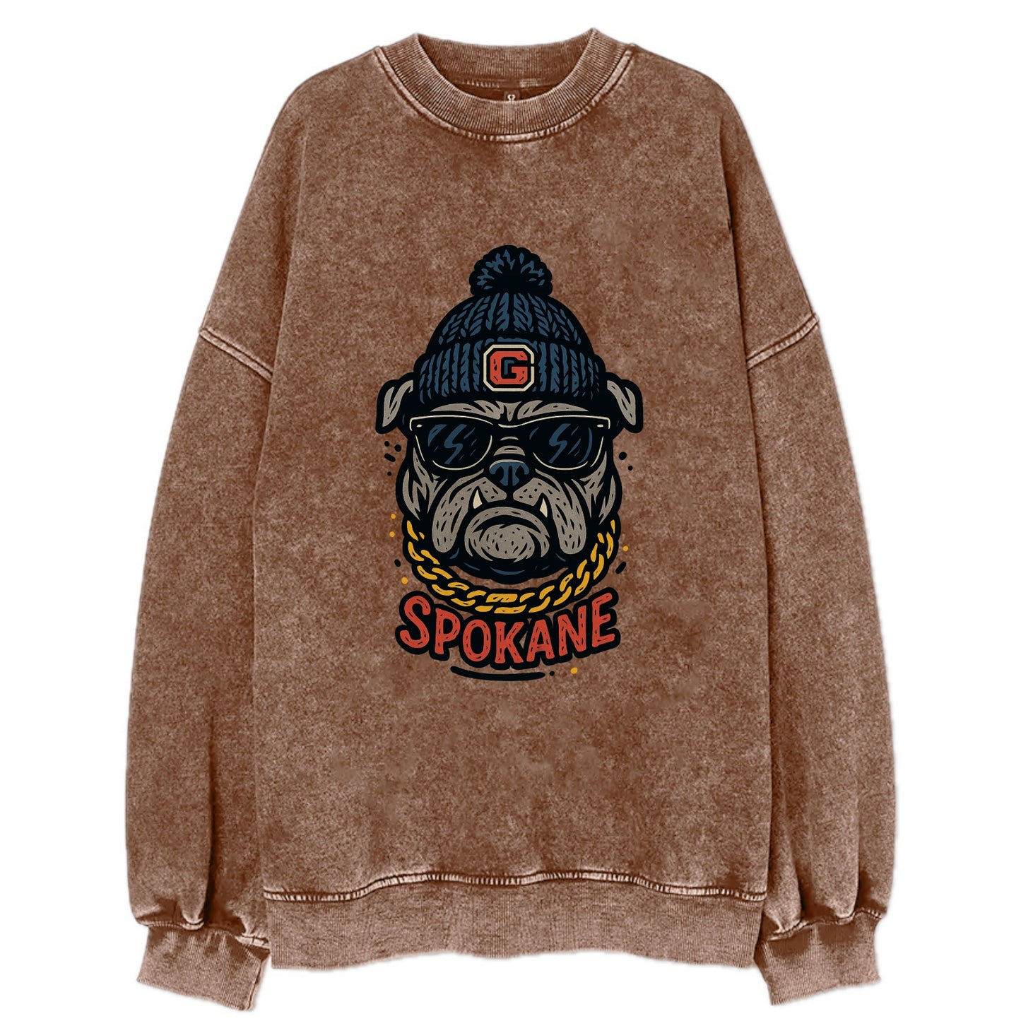 Spokane Bulldog wearing Gonzaga beanie with G patch - Vintage Sweatshirt - Brown