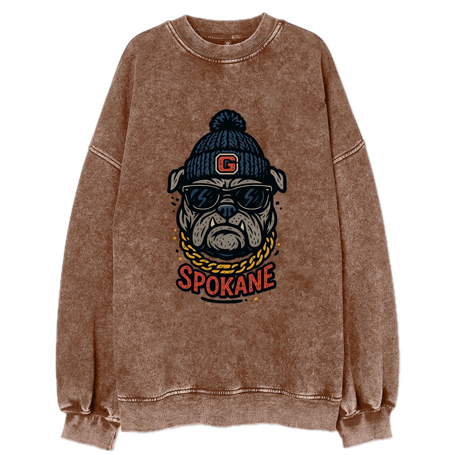 Spokane Bulldog wearing Gonzaga beanie with G patch - Vintage Sweatshirt - Brown