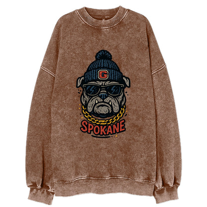Spokane Bulldog wearing Gonzaga beanie with G patch - Vintage Sweatshirt - Brown
