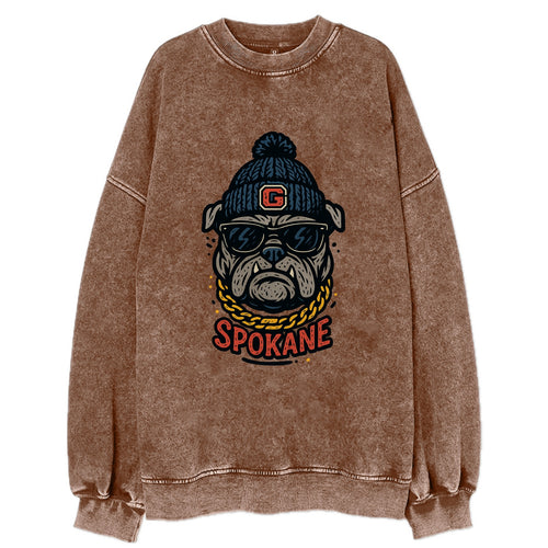 Spokane Bulldog wearing Gonzaga beanie with G patch - Vintage Sweatshirt