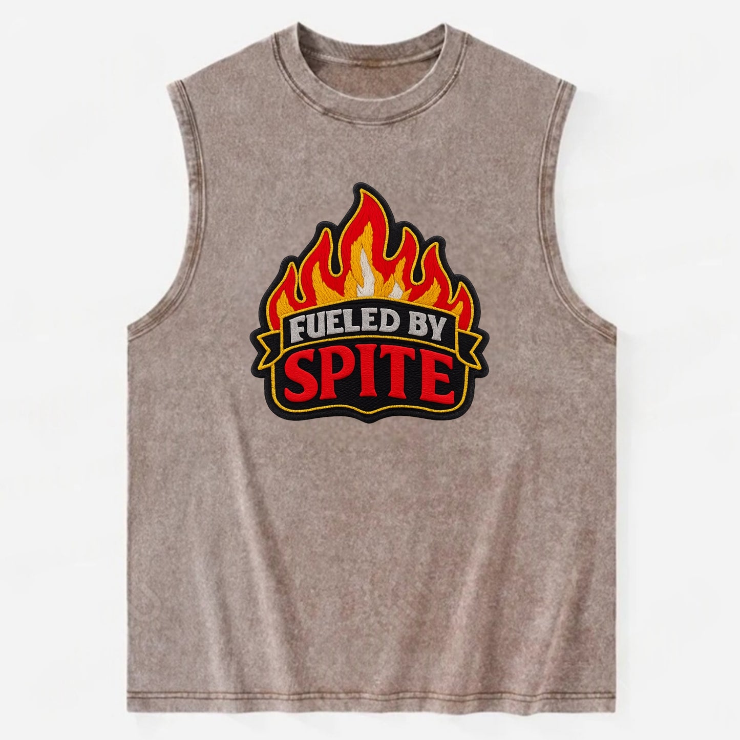 FUELED BY SPITE - fire with text in black and red , petty motivation - Vintage Washed Tank - Brown