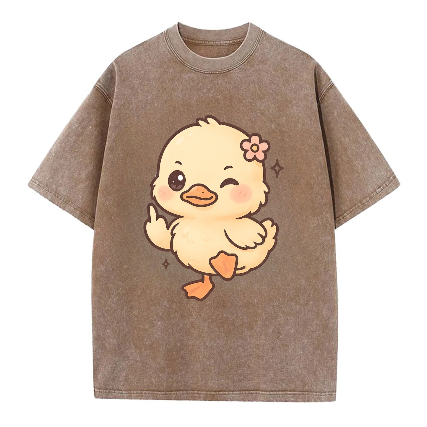 fluffy baby duck with small flower, one webbed foot raised sassily - Vintage T-shirt - Brown