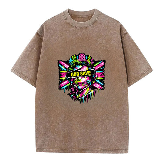 GOD SAVE | Torn royal portrait style | Blackout bar across eyes | Safety pin - Vintage T-shirt - Brown