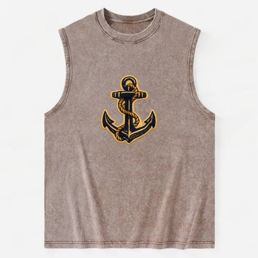 ANCHOR ROPE - classic anchor with rope in navy and gold , sailor - Vintage Washed Tank - Brown