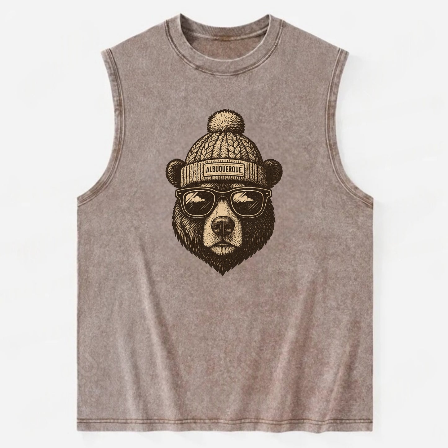 New Mexico Black Bear wearing Albuquerque beanie with pom pom and wayfarer - Vintage Washed Tank - Brown