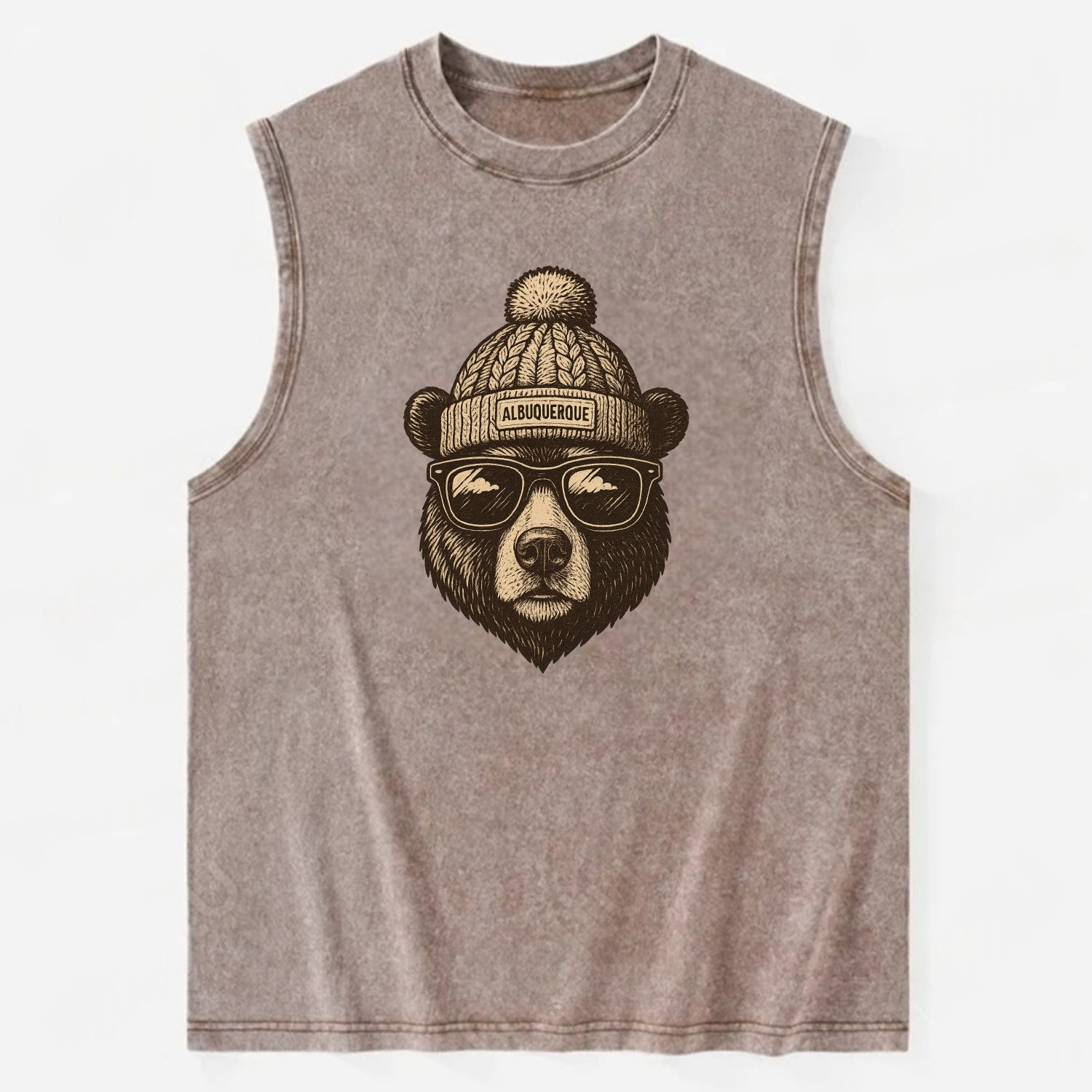New Mexico Black Bear wearing Albuquerque beanie with pom pom and wayfarer - Vintage Washed Tank - Brown
