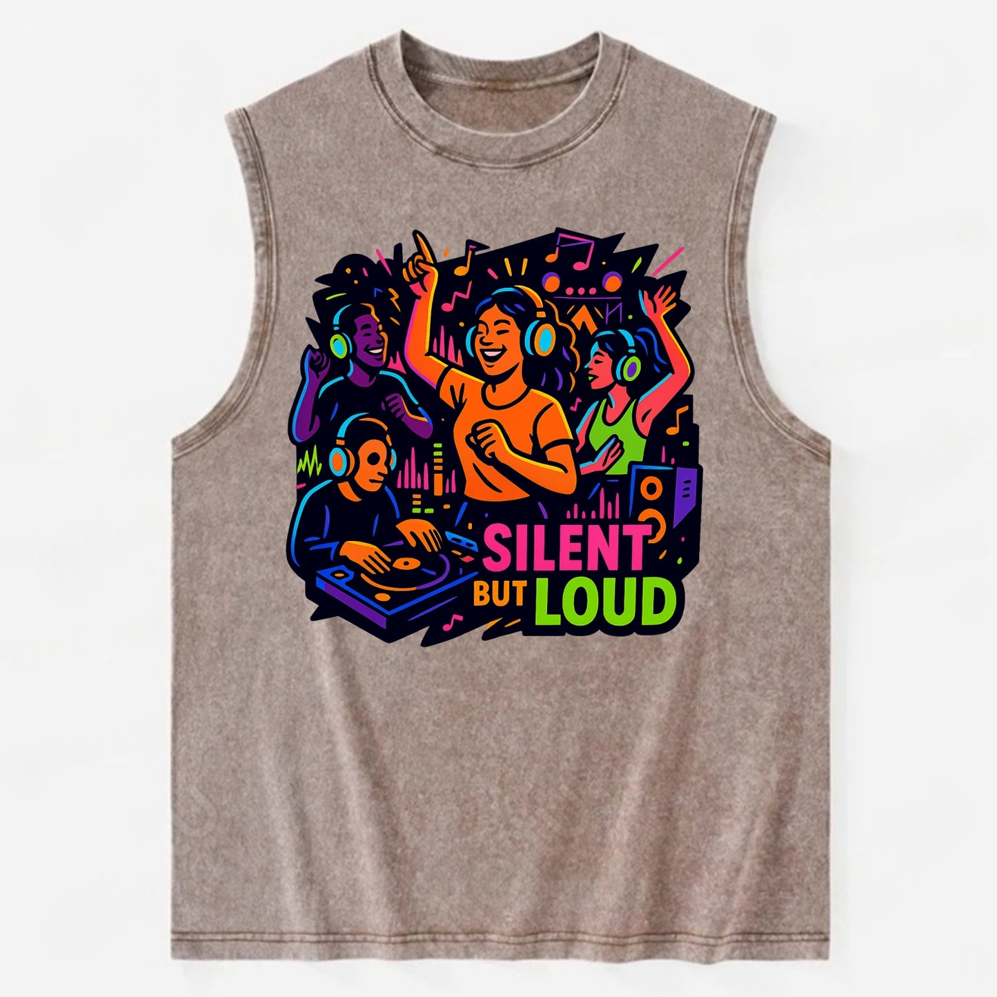 Silent disco dancers with glowing headphones - "Silent But Loud" - unique - Vintage Washed Tank - Brown