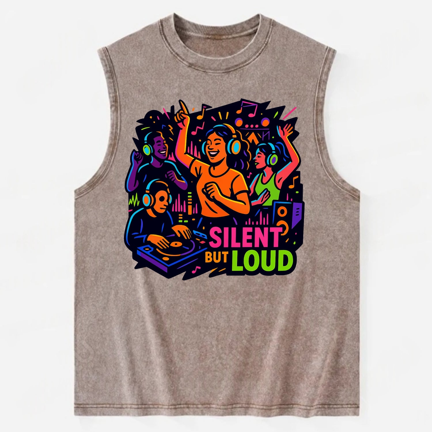 Silent disco dancers with glowing headphones - "Silent But Loud" - unique - Vintage Washed Tank - Brown