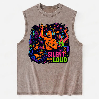 Silent disco dancers with glowing headphones - "Silent But Loud" - unique - Vintage Washed Tank - Brown