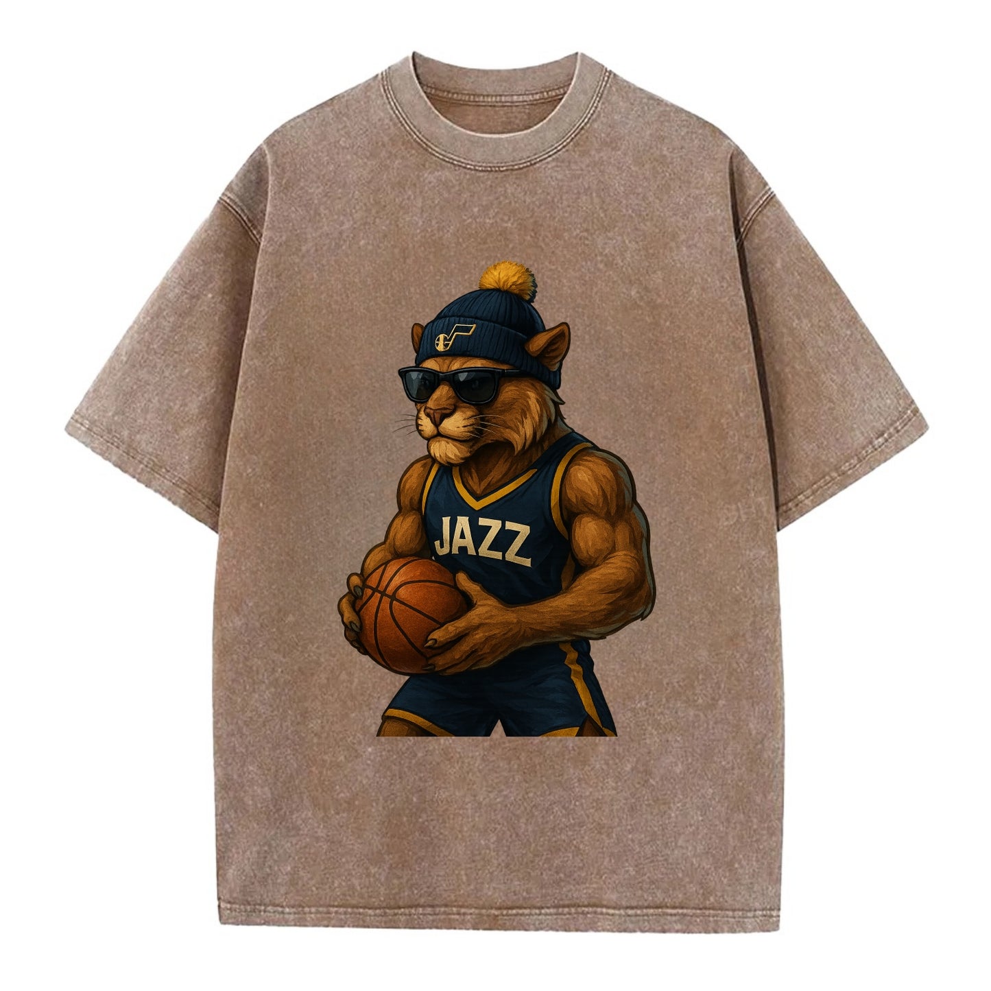 Utah Mountain Lion wearing Jazz navy and yellow beanie with music note and - Vintage T-shirt - Brown