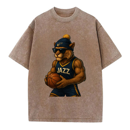 Utah Mountain Lion wearing Jazz navy and yellow beanie with music note and - Vintage T-shirt - Brown