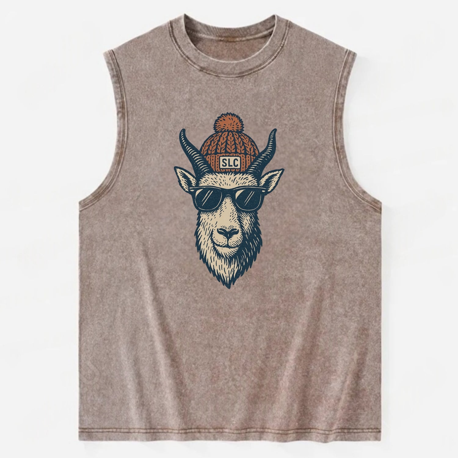 Salt Lake City Mountain Goat wearing SLC beanie with pom pom and wayfarer - Vintage Washed Tank - Brown