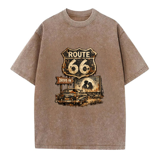 DRIVE-IN | Classic car at drive-in theater | Movie night romance | Americana - Vintage T-shirt - Brown