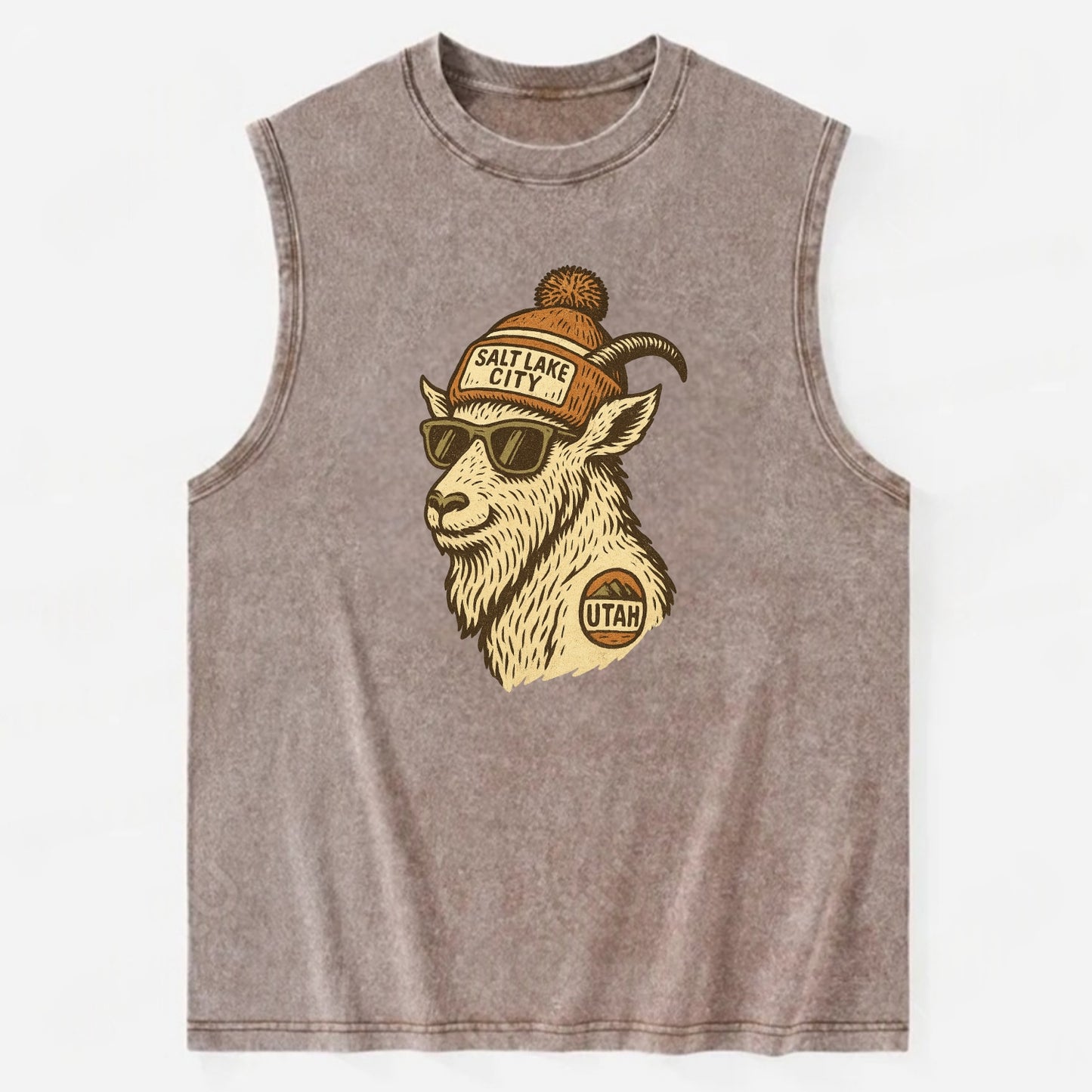 Utah Mountain Goat wearing Salt Lake City beanie with pom pom and wayfarer - Vintage Washed Tank - Brown