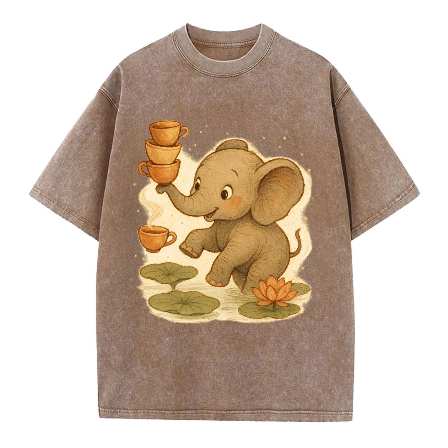 Elephant balancing teacups during a floating tea ceremony beside lotus ponds - Vintage T-shirt - Brown