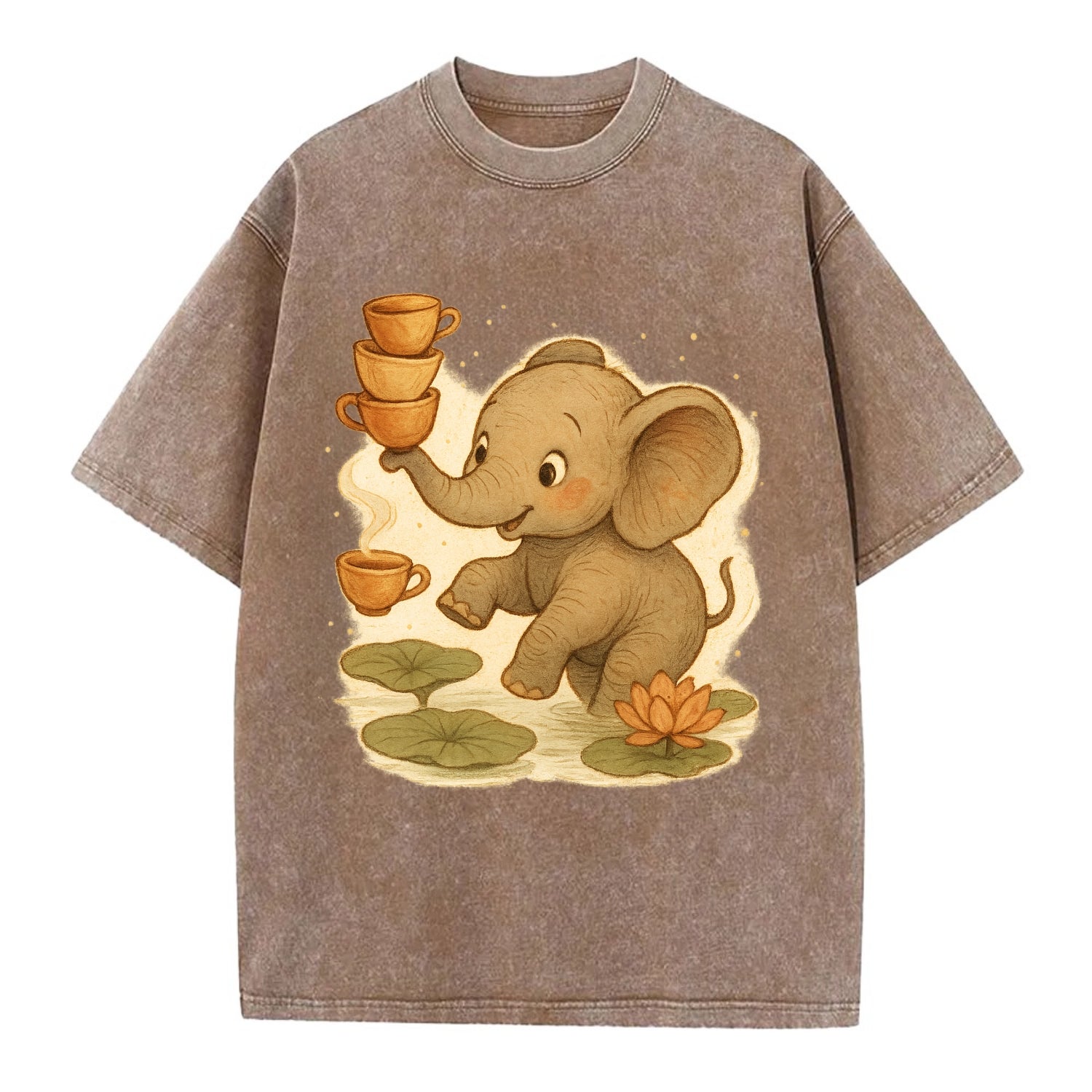 Elephant balancing teacups during a floating tea ceremony beside lotus ponds - Vintage T-shirt - Brown