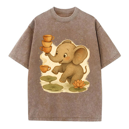 Elephant balancing teacups during a floating tea ceremony beside lotus ponds - Vintage T-shirt - Brown