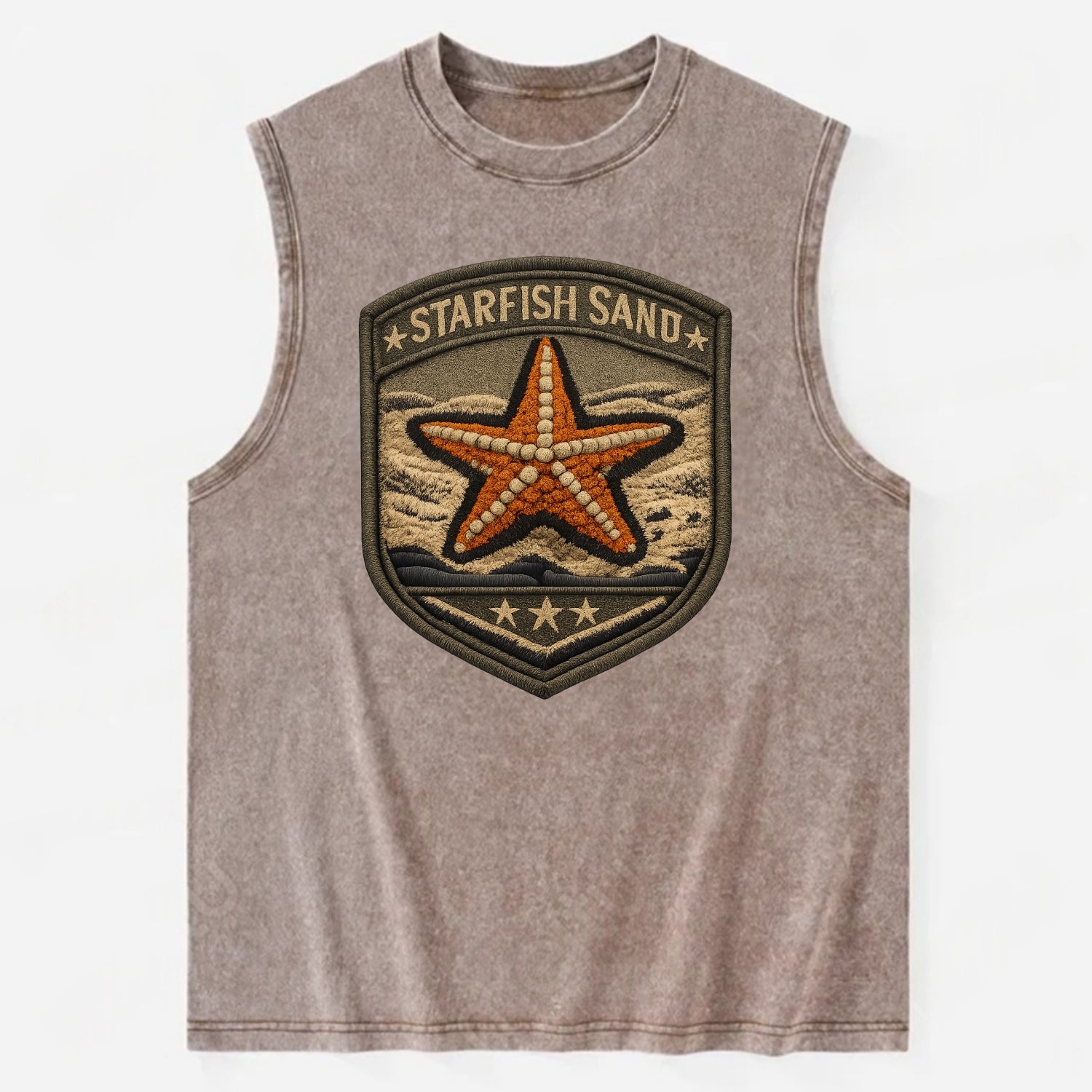STARFISH SAND - sea star in orange and tan , beachcomber - Vintage Washed Tank - Brown