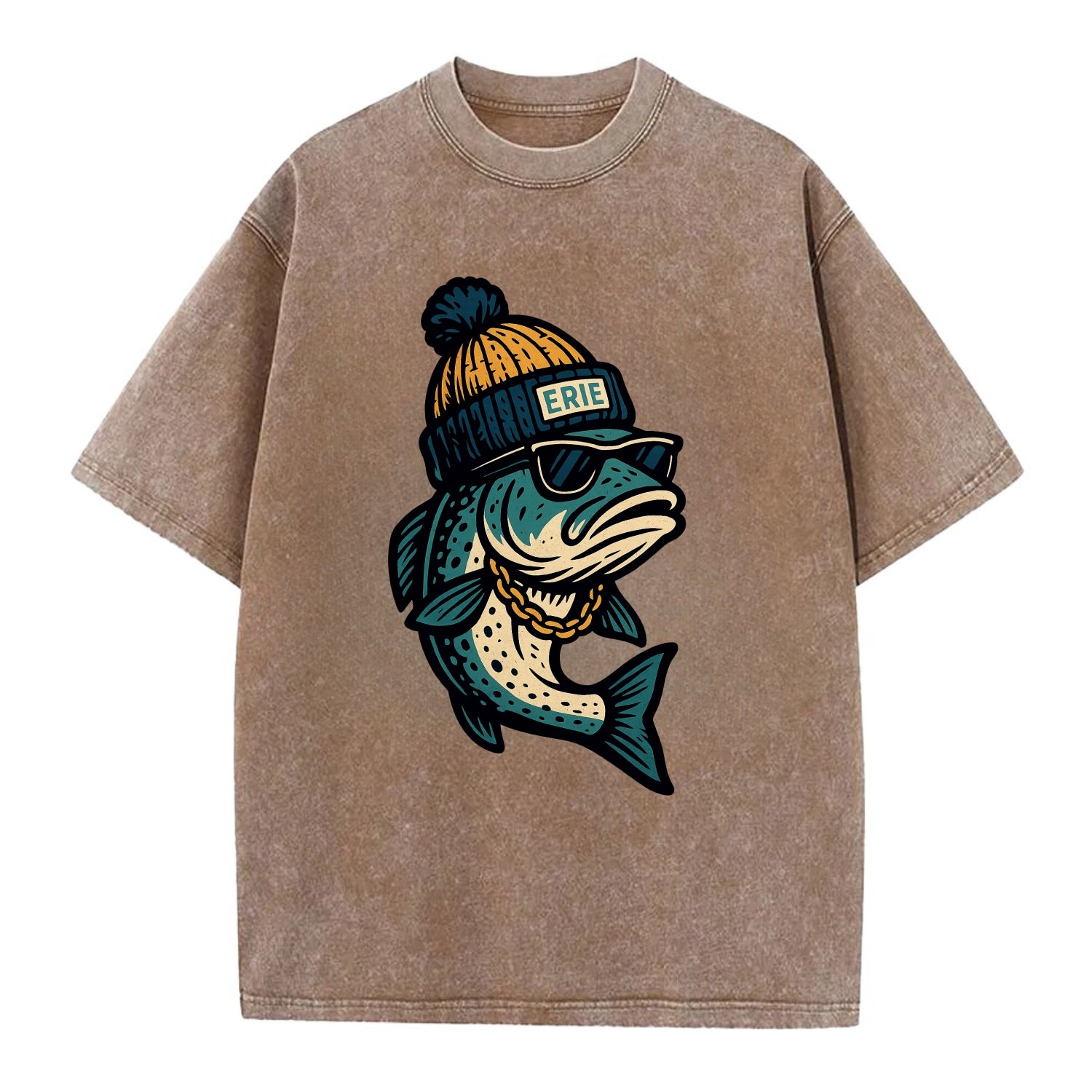 Erie Lake Trout wearing Erie beanie with - Vintage T-shirt - Brown