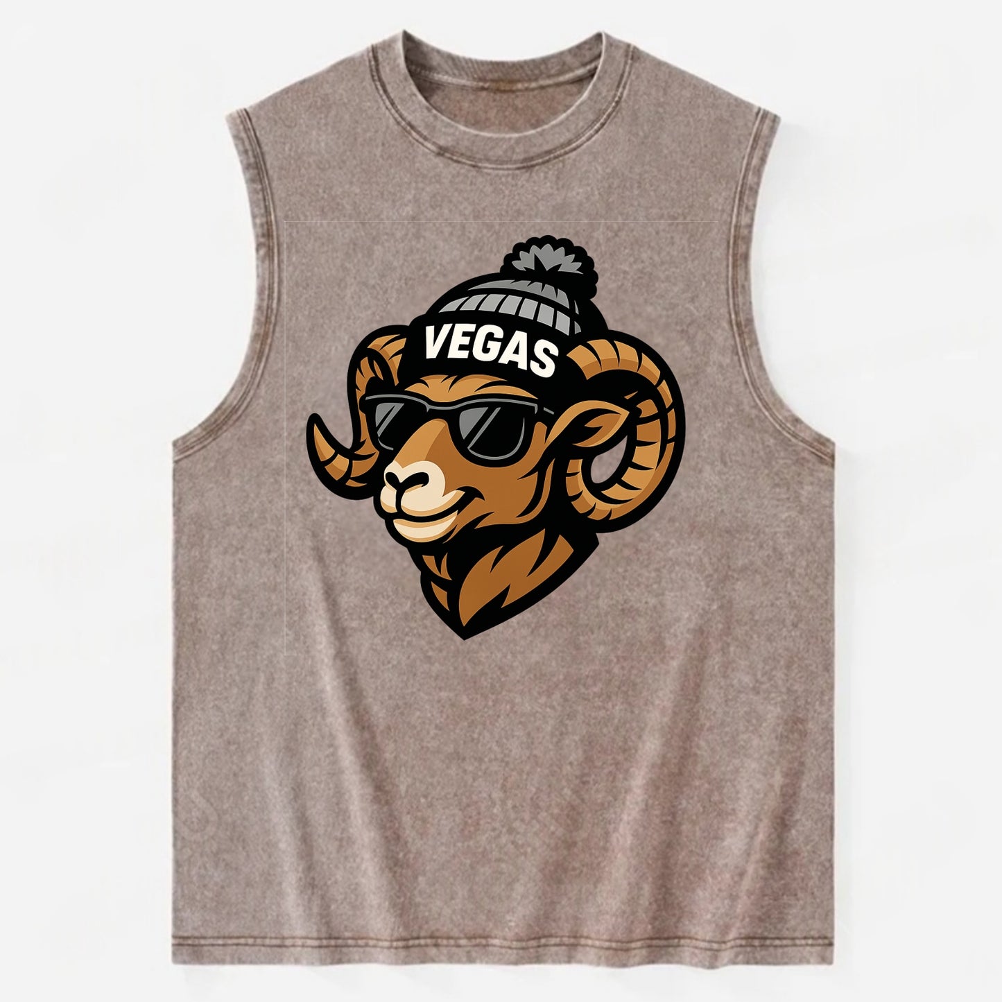 Vegas Desert Bighorn wearing Raiders silver and black beanie with pom pom and - Vintage Washed Tank - Brown