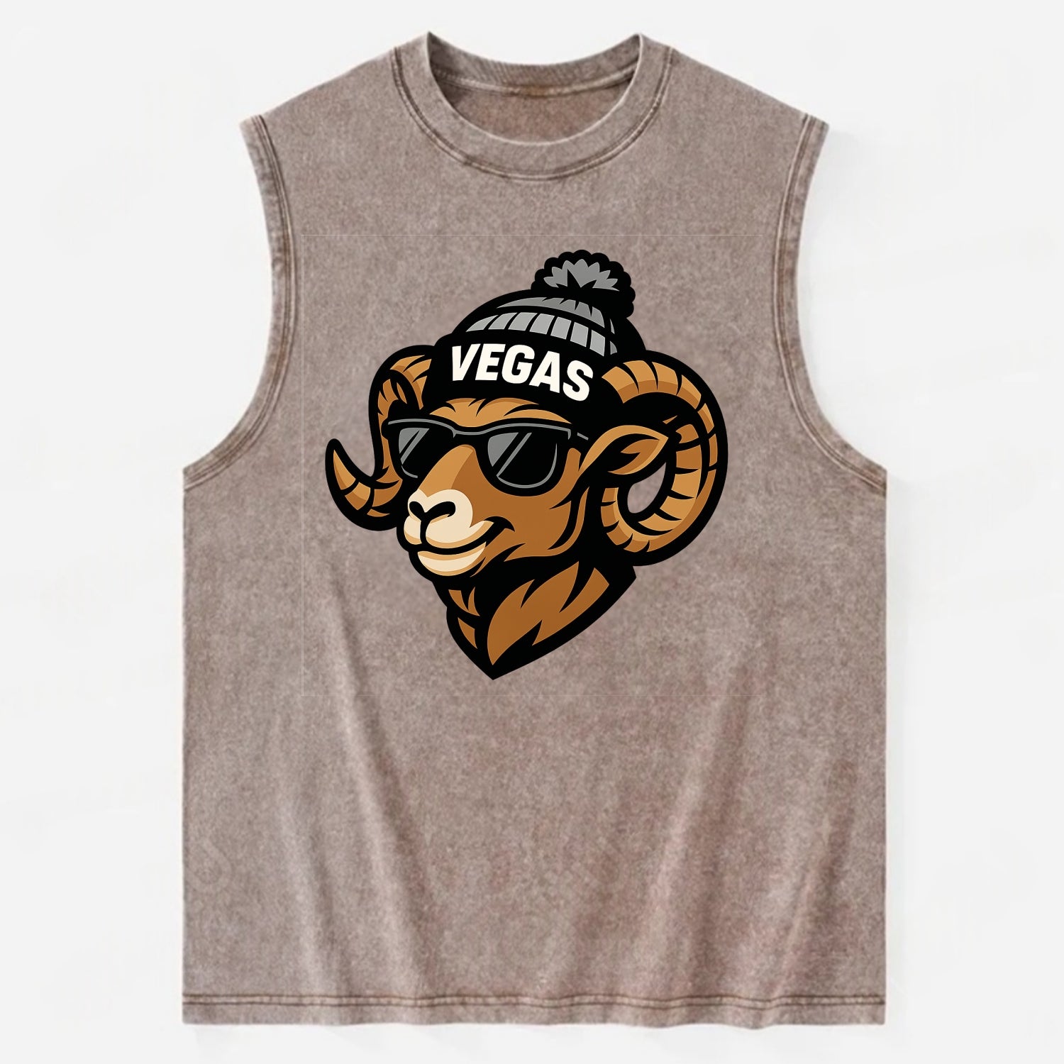 Vegas Desert Bighorn wearing Raiders silver and black beanie with pom pom and - Vintage Washed Tank - Brown