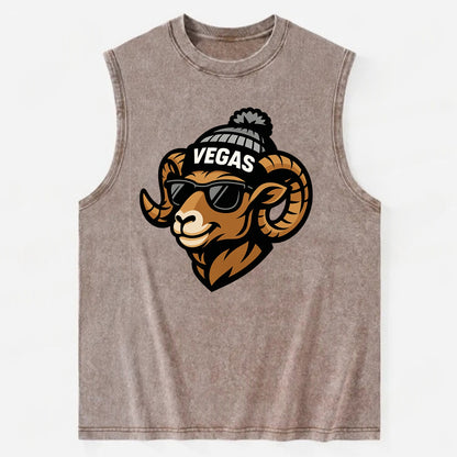 Vegas Desert Bighorn wearing Raiders silver and black beanie with pom pom and - Vintage Washed Tank - Brown
