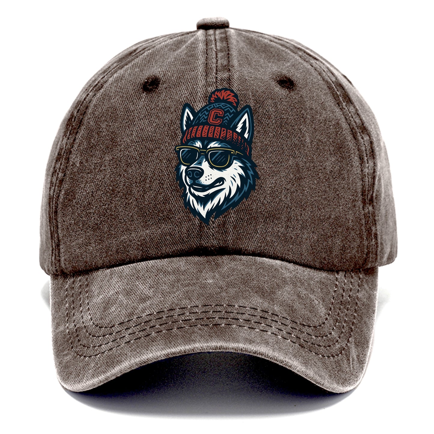Storrs Husky wearing UConn beanie with C patch - Classic Cap - Brown