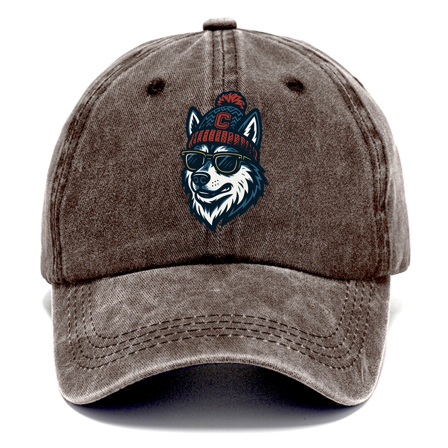 Storrs Husky wearing UConn beanie with C patch - Classic Cap - Brown