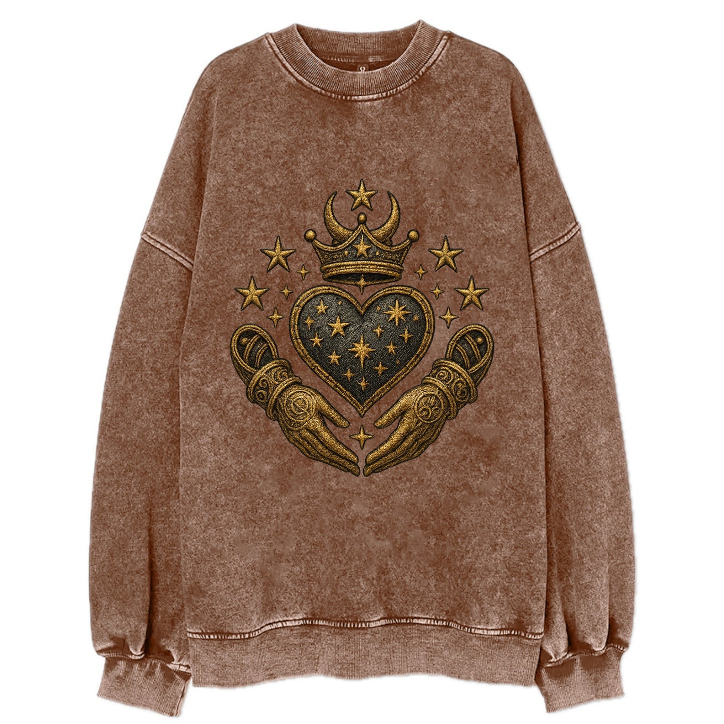 Weathered antique brass crown above a hammered gunmetal heart framed by - Vintage Sweatshirt - Brown