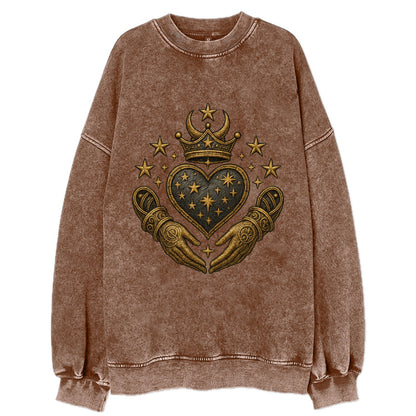 Weathered antique brass crown above a hammered gunmetal heart framed by - Vintage Sweatshirt - Brown