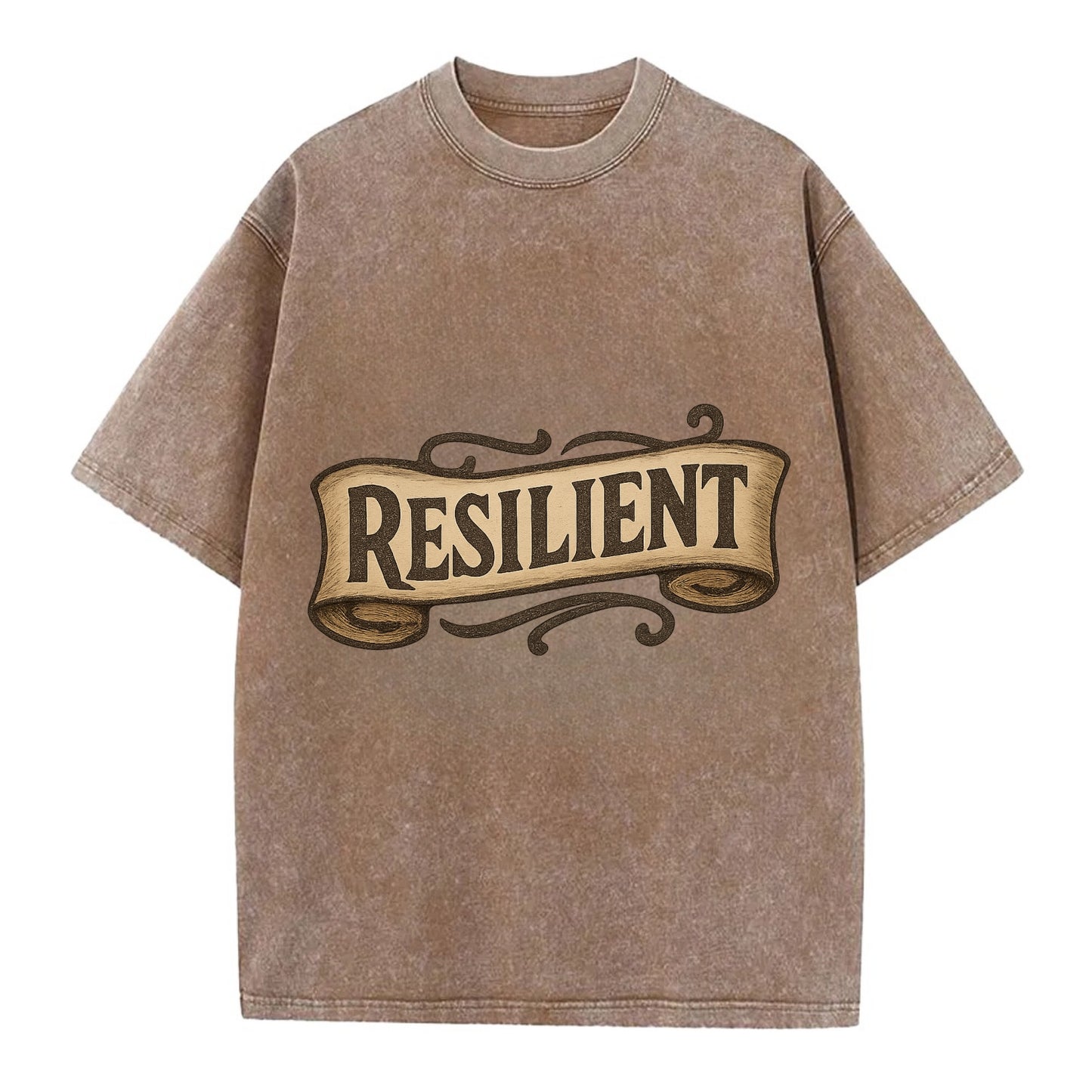 Bold typography design - "RESILIENT" - bouncing back, unbreakable spirit - Vintage T-shirt - Brown