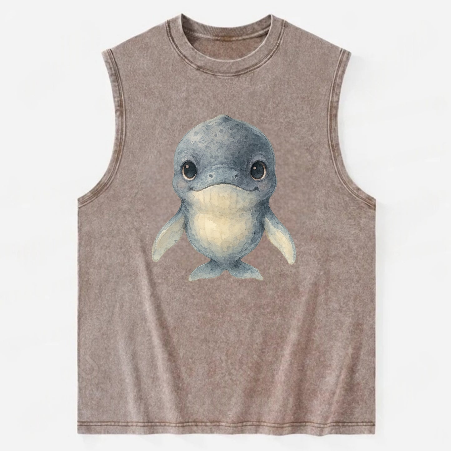 Baby Humpback Whale - dark gray with white flippers, large gentle eyes, - Vintage Washed Tank - Brown
