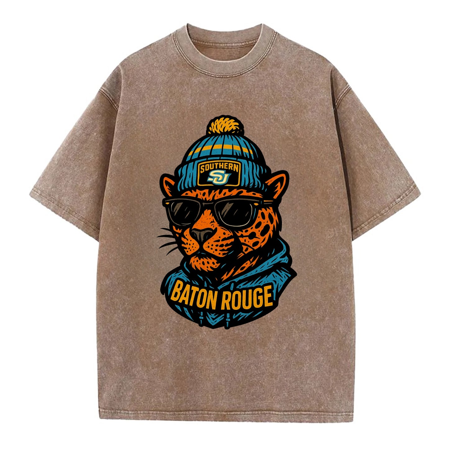 Baton Rouge Jaguar wearing Southern beanie with SU patch - Vintage T-shirt - Brown