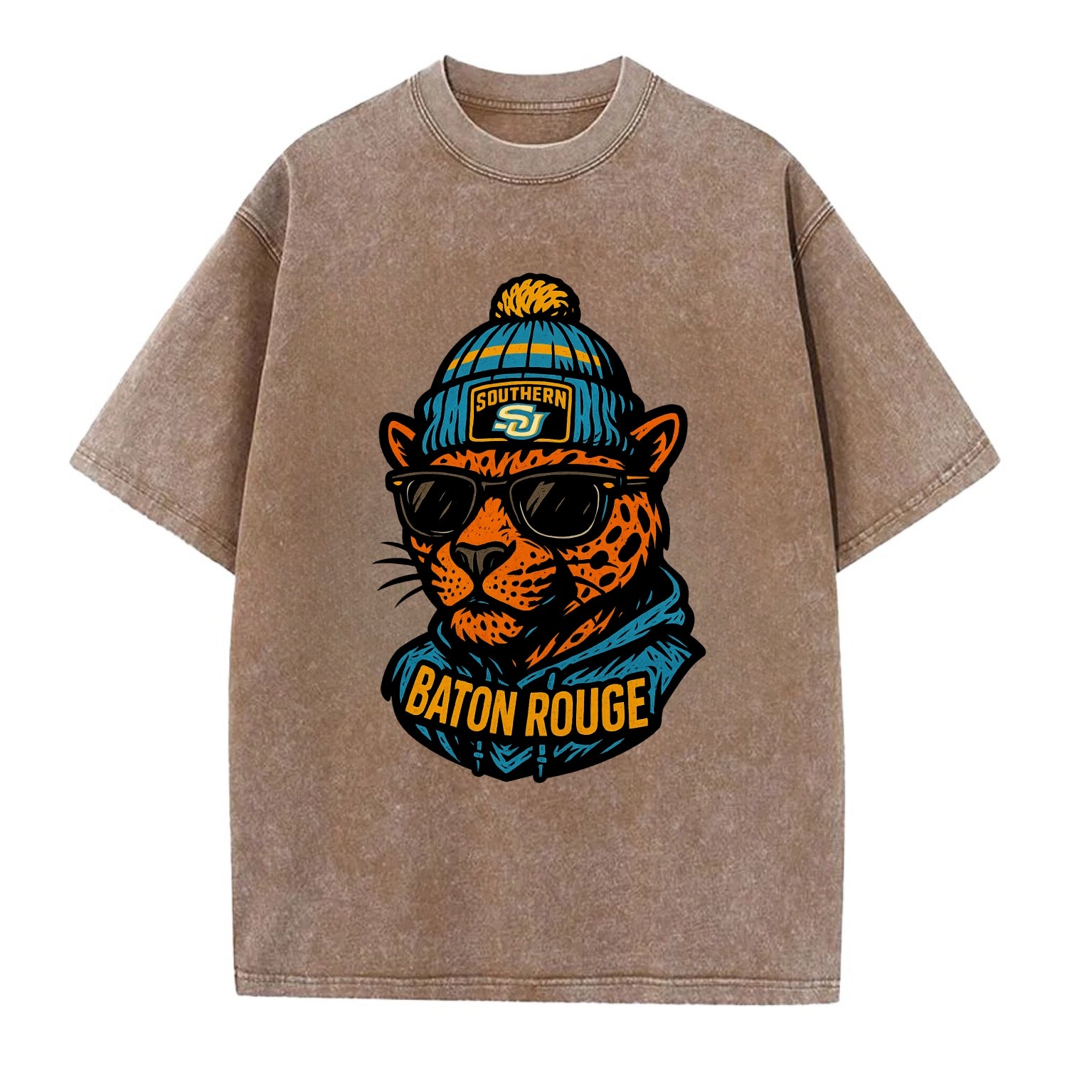Baton Rouge Jaguar wearing Southern beanie with SU patch - Vintage T-shirt - Brown