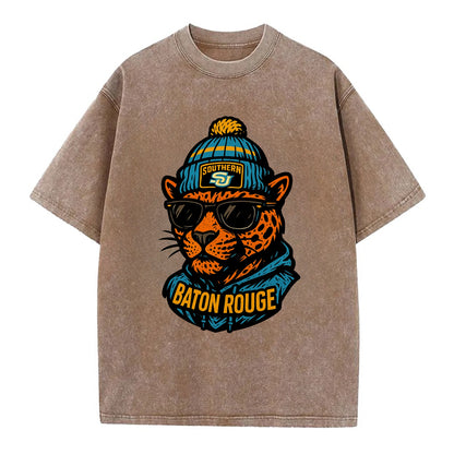 Baton Rouge Jaguar wearing Southern beanie with SU patch - Vintage T-shirt - Brown
