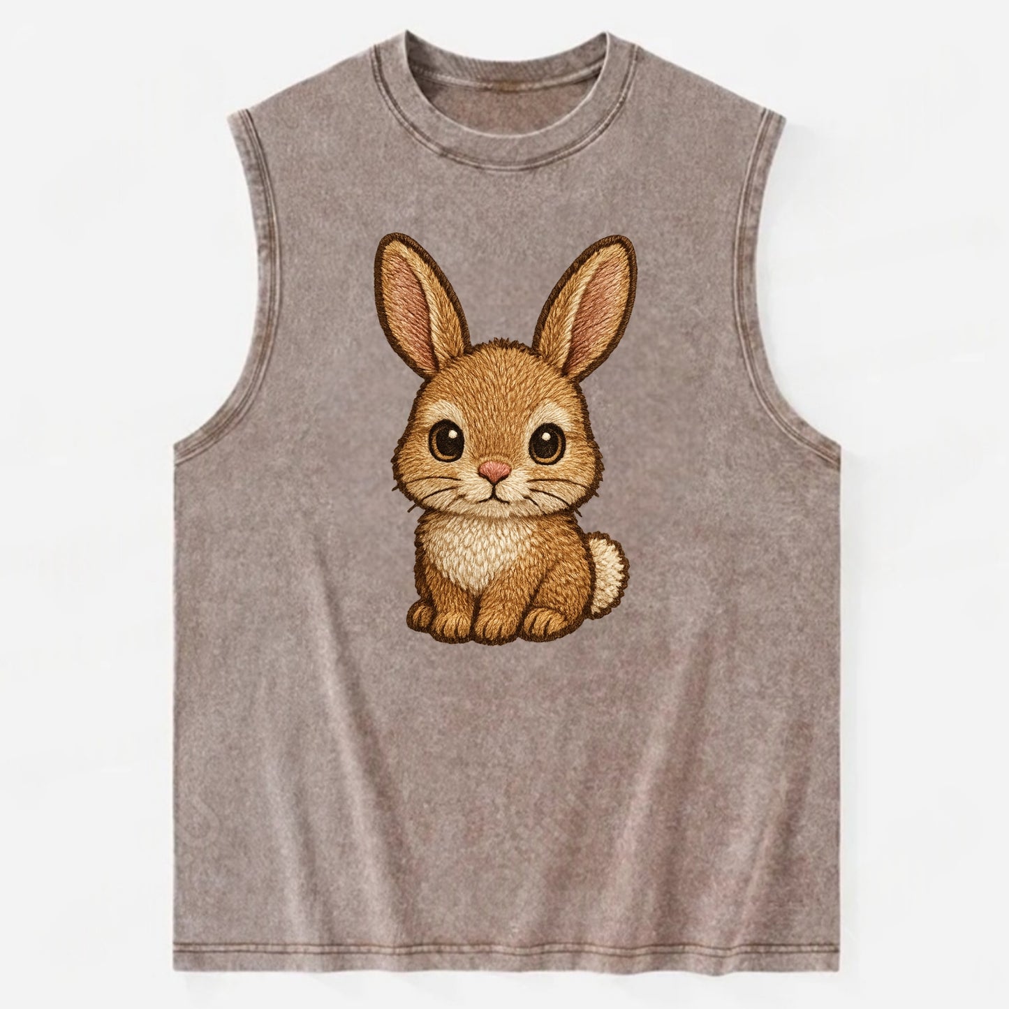 Baby Rabbit - long ears, fluffy white tail, pink nose, large brown eyes, - Vintage Washed Tank - Brown