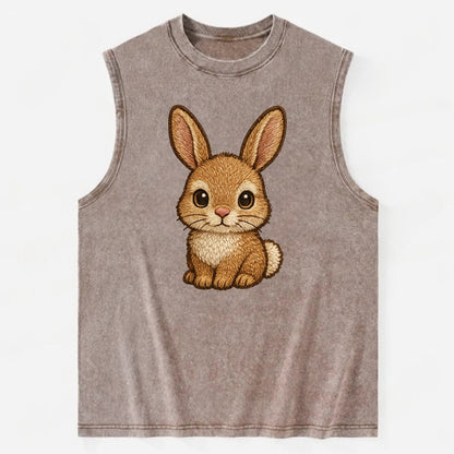 Baby Rabbit - long ears, fluffy white tail, pink nose, large brown eyes, - Vintage Washed Tank - Brown