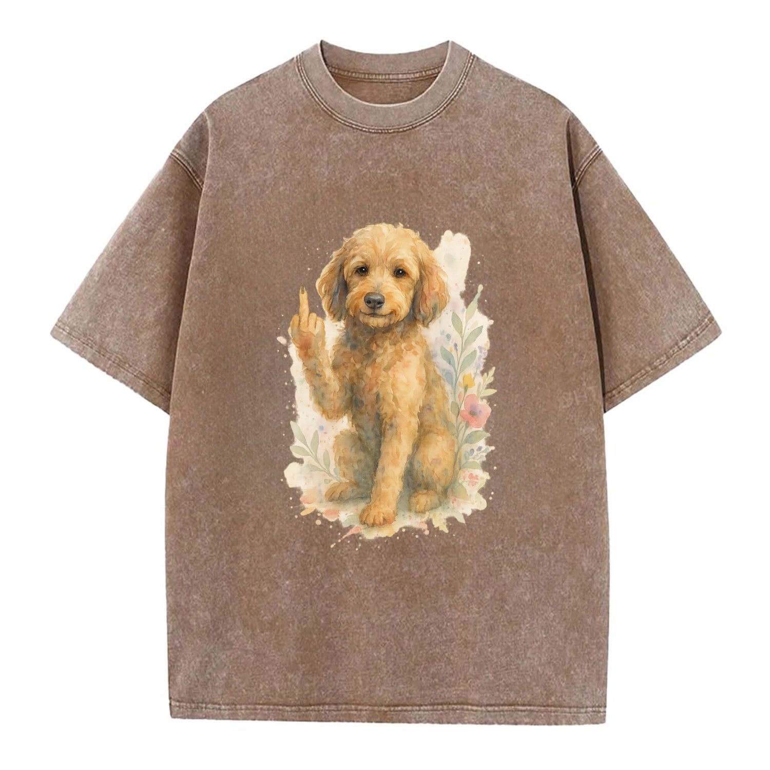 Labradoodle hypoallergenic with wavy coat, intelligent eyes, paw raised - Vintage T-shirt - Brown
