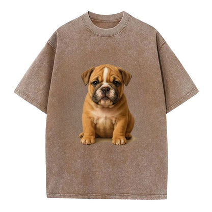 Baby Bulldog Puppy - wrinkly face, underbite, stocky body, gentle eyes, - Vintage T-shirt - Brown