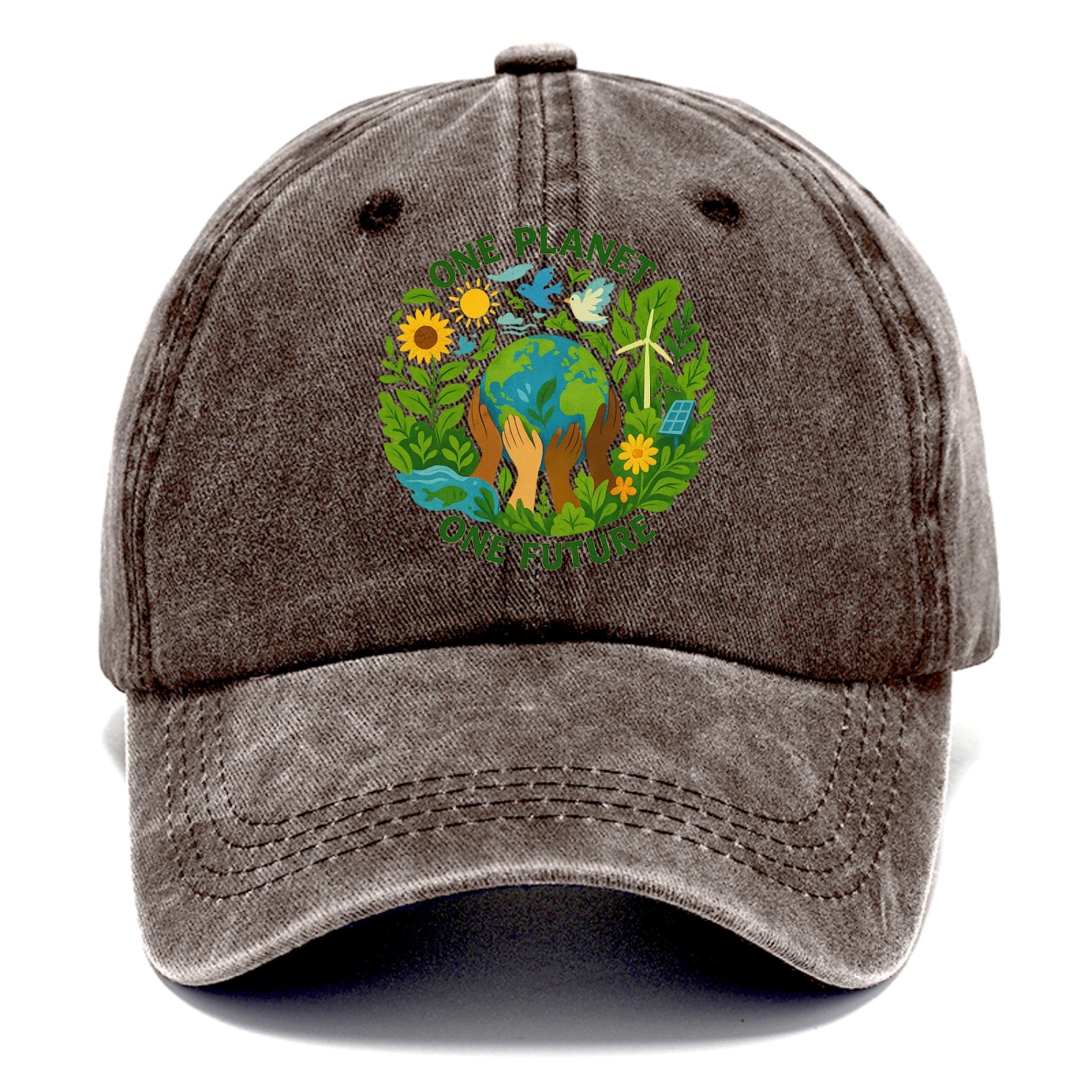 Globe surrounded by hands of all colors working together - "One Planet, One Future" - - Classic Cap - Brown