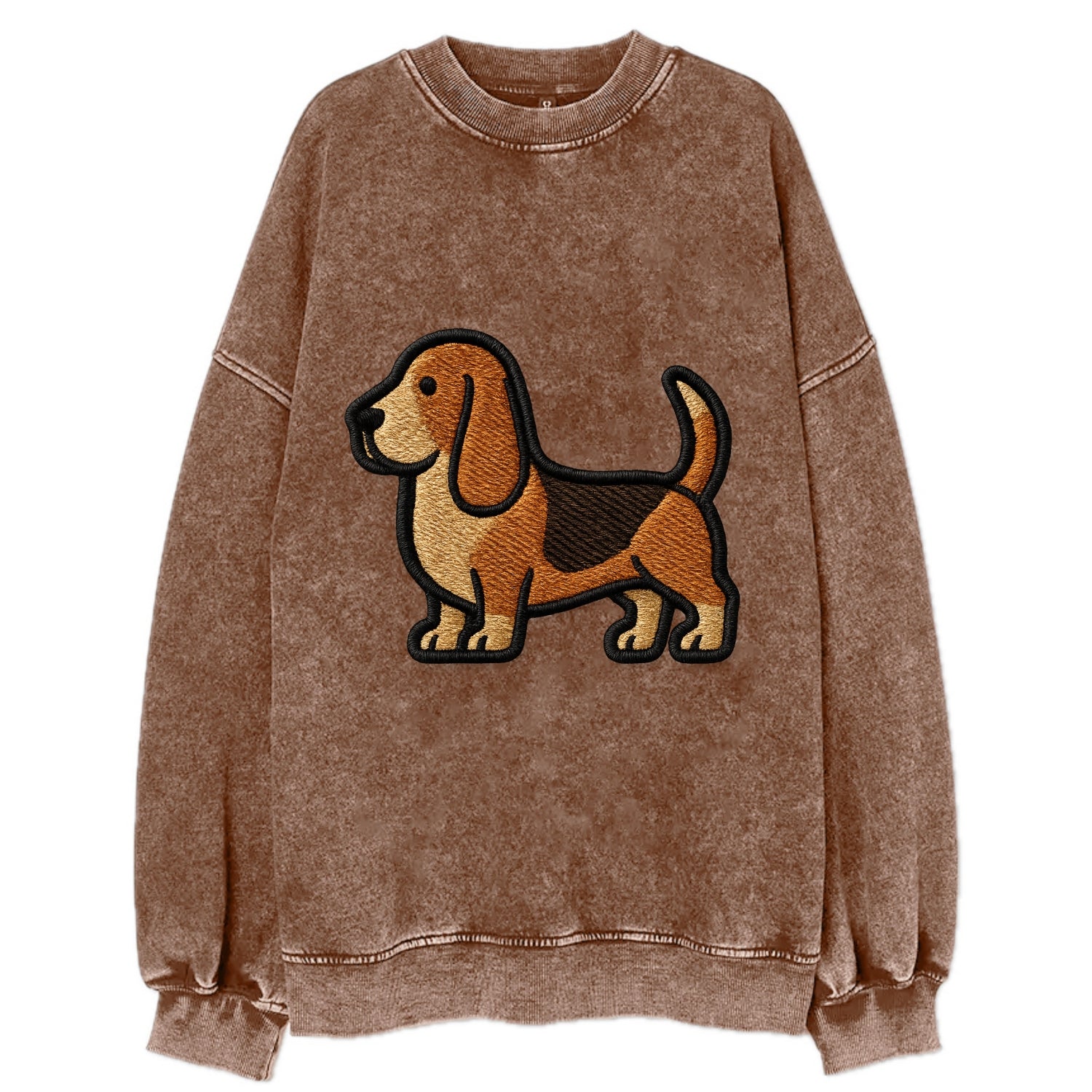Basset Hound - Trendy low-rider design with prominent black outline - Vintage Sweatshirt - Brown